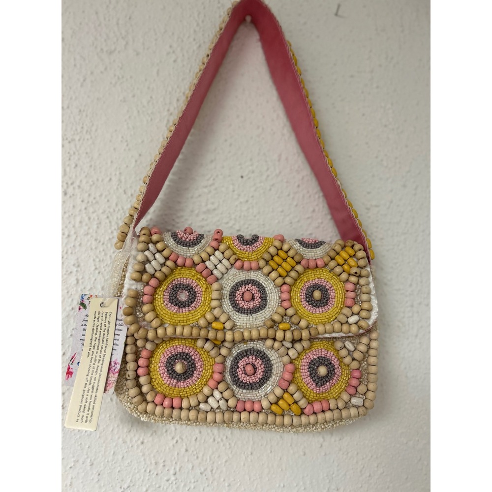 Handmade Beaded Geometric Shoulder Bag Pink Yellow Boho Viral TikTok Accessory